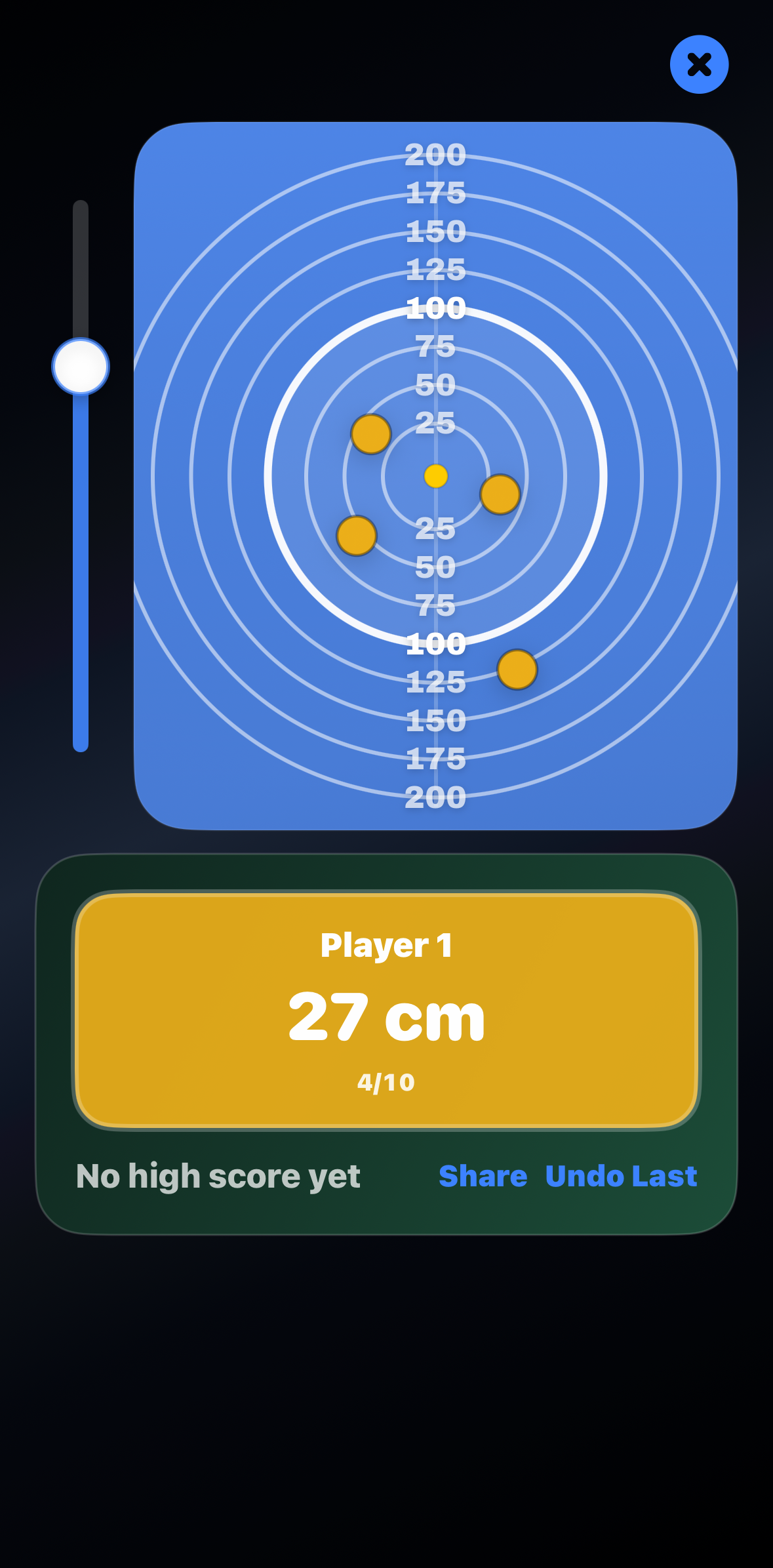 BowlsIQ target practice game screen showing bowl distance scoring